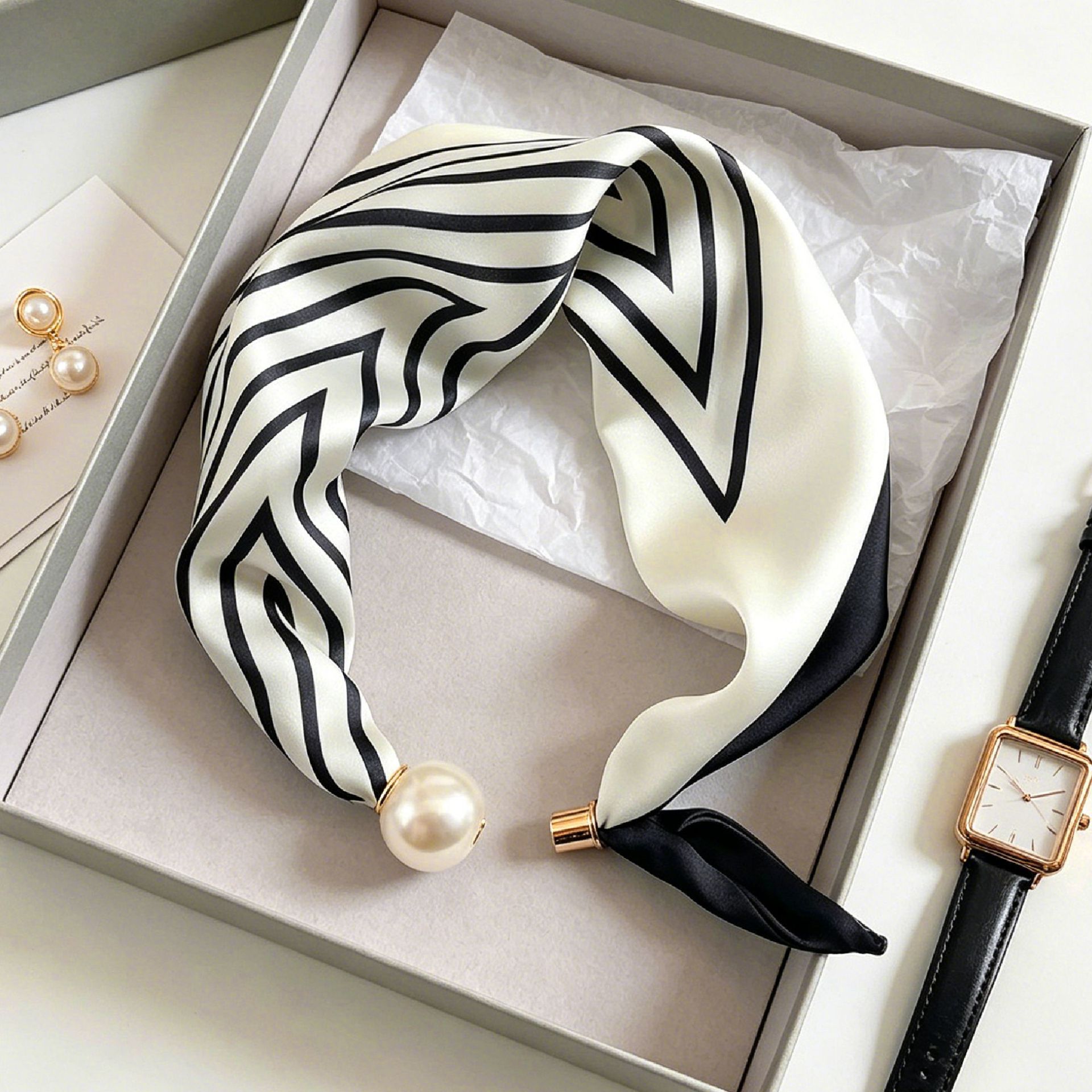 Silk Neck Scarf - Eleganter Schicker Perlenstreifen-Schal für Damen mit